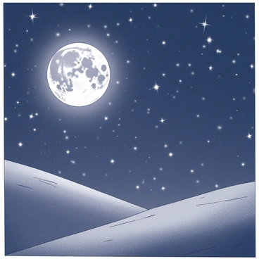 A vast night sky filled with numerous stars twinkling brightly. Constellations are clearly visible, formed by clusters of stars creating distinct patterns. A large, glowing full moon dominates the scene, casting a soft light over the landscape below. The moon's surface features craters and shadows, adding detail to its appearance. The overall atmosphere is calm and expansive, inviting the viewer to gaze upwards at the celestial display.