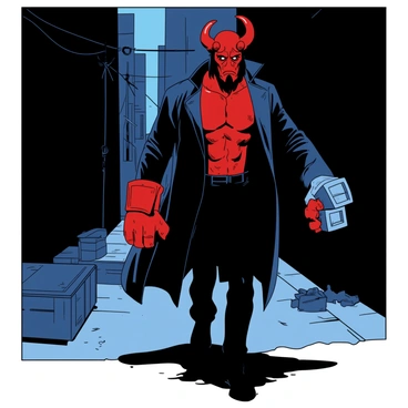 Hellboy stealthily moving through a dark alley while on a secret mission.