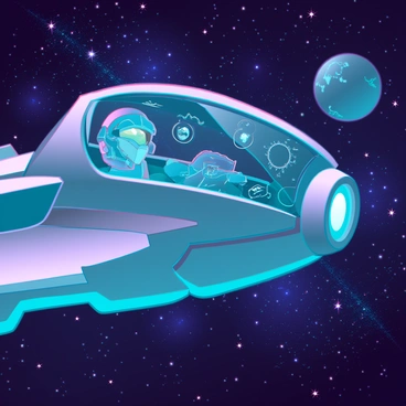 A futuristic spaceship piloted by Samus, featuring sleek metallic surfaces and illuminated panels. Samus is visible inside the cockpit, wearing her iconic armored suit, with the visor reflecting stars and cosmic phenomena. The cockpit is filled with holographic displays showing navigation data and star maps. Outside the large viewport, a vast starry galaxy unfolds, showcasing swirling nebulae, twinkling stars, and distant planets. Faint light from quasars can be seen illuminating the dark space backdrop, creating a sense of depth and adventure.