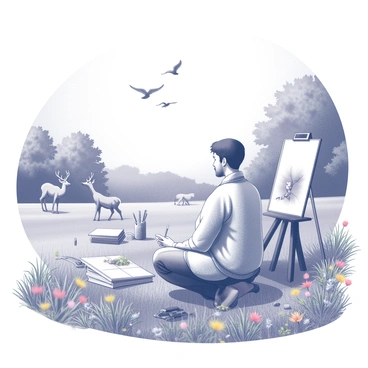 An illustrator is positioned in a natural setting, focused on capturing wildlife scenes for a nature documentary. The illustrator is seated at an easel, with various drawing tools and sketchbooks scattered around. Nearby, a vibrant scene unfolds, featuring a group of deer grazing peacefully under a canopy of trees. In the background, a flock of birds is seen soaring through the sky. The ground is covered with lush grass and colorful wildflowers. The sun casts soft shadows, creating a dynamic interplay of light and dark across the landscape.
