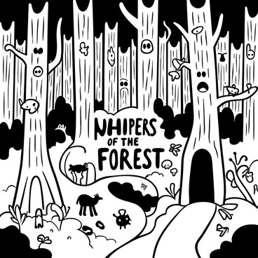 A dense forest with tall, intricately detailed trees featuring exaggerated facial features carved into the bark. The trees are intertwined with thick vines and a variety of underbrush, creating a sense of depth. Wisps of mist curl around the trunks, enhancing the mysterious atmosphere. Small animals, such as rabbits and deer, are positioned among the foliage, appearing curious yet cautious. In the foreground, a winding path leads into the forest, inviting exploration. The words "Whispers of the Forest" are subtly integrated among the foliage.