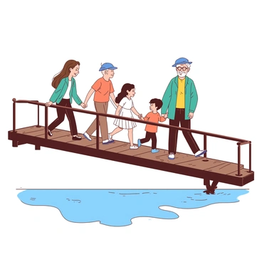 A group of five individuals is walking across a sturdy bridge. The first person, a woman with long brown hair, is wearing a teal jacket and smiling as she leads the way. Behind her, a tall man in a yellow shirt is looking at her with appreciation. Next to him, a short girl in a white dress is holding hands with a boy dressed in an orange t-shirt. The last person, an elderly man with glasses, is wearing a blue hat and is bringing up the rear, looking content as he observes the scenery around them. The bridge is made of wooden planks with metal railings, stretching over a calm body of water below. The sky above is clear, providing a sense of openness and possibility as the group continues their journey together.