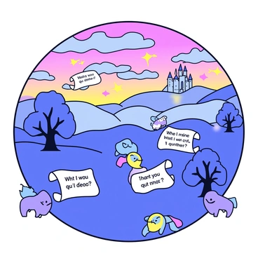A magical fantasy world featuring an expansive landscape with rolling hills and scattered ancient trees. In the foreground, glowing scrolls float gently in the air, each displaying a different quiz question in elegant script. The scrolls emit a soft light, illuminating the surroundings with a warm glow. Small, fantastical creatures curiously observe the scrolls, while a distant castle can be seen atop a hill, partially shrouded in mist. The sky is a vibrant mix of colors, hinting at an enchanting sunset.