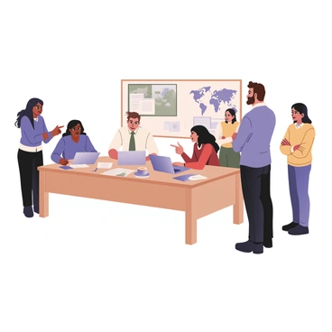 A digital flat illustration depicting a multicultural team collaborating on a global project. In the center, there are five team members around a large table. On the left, a woman with dark skin, shoulder-length curly hair, wearing a blue blouse and black pants, is pointing at a laptop. Next to her, a man with light skin and short brown hair, dressed in a white shirt and green tie, is taking notes on a notepad. On the right, a woman with medium skin and long straight black hair, wearing a red dress, is gesturing while discussing with the group. Beside her, a man with olive skin and a beard, dressed in a gray sweater and jeans, is analyzing a world map on the wall. Lastly, there is a person with medium-dark skin and short curly hair in a yellow cardigan, standing with arms crossed, listening attentively. Various documents, a globe, and a cup of coffee are scattered on the table.