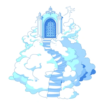 A staircase made of white clouds winds upward, gently trailing off into the distance. At the top of the staircase, there is a beautiful gate that is intricately adorned with sparkling jewels in various colors. The gate features elegant arches and detailed carvings, adding to its grandeur. Surrounding the gate, there are wisps of blue mist that accentuate the ethereal atmosphere. The entire scene is bathed in a soft light, giving it a magical quality.