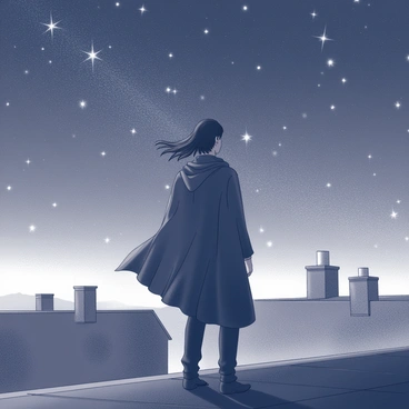 A figure of a man stands on a rooftop against a backdrop of a night sky filled with stars. The man has long, dark hair that is gently tousled by a subtle breeze. He is wearing a dark cloak that billows slightly in the wind. The rooftops of nearby buildings are silhouetted against the sky, creating a sense of height and perspective. The stars are scattered across the sky, twinkling brightly in the dark expanse above. The scene conveys a calm and introspective mood as the man gazes into the distance.