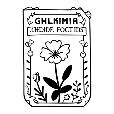 A vintage seed packet displayed prominently, featuring the plant's name in an ornate botanical font. Surrounding the name are delicate illustrations of the plant in various stages of growth. The border of the seed packet is decorated with intricate floral patterns and small leaves. The overall design is reminiscent of classic garden illustrations, adding an authentic vintage feel.