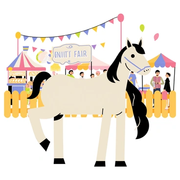 A pony with a shiny coat, adorned with colorful ribbons in various hues like pink, blue, and yellow, stands proudly at a lively county fair. The background features a bustling atmosphere with people walking around, tents displaying baked goods, and bright balloons floating in the air. The pony's mane is neatly braided, and it has bright, expressive eyes. A wooden fence surrounds the fair area, and a sign that reads "County Fair" is prominently displayed nearby.