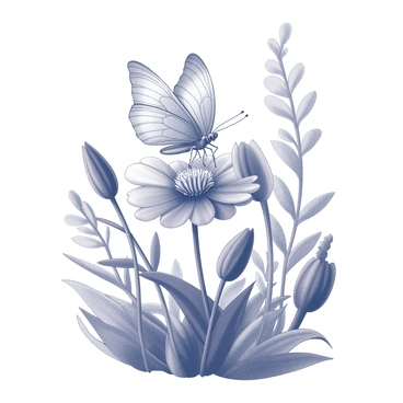 A delicate butterfly with intricate wing patterns resting gently on a flower. The butterfly is perched on the flower’s vibrant petals, which display a variety of shapes and textures. The garden setting features lush greenery, with various plants and leaves surrounding the scene, adding depth to the composition. The butterfly's delicate wings are slightly open, showcasing its natural beauty against the backdrop of the flower.