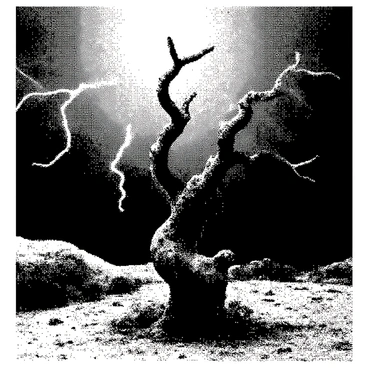 A powerful lightning strike is illuminating an old, twisted tree that stands prominently in the foreground. The tree has gnarled branches that twist and curve in various directions, showcasing its age and resilience. The bark is rough and deeply textured, adding to the dramatic effect of the lightning. The sky above is filled with dark storm clouds, creating a stark contrast to the bright flash of the lightning. The ground is uneven, with scattered rocks and tufts of grass surrounding the base of the tree. The scene captures the intense energy of the moment, highlighting the tree as a solitary figure against the chaotic backdrop.