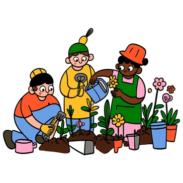 A group of three children in a garden, actively learning about plants. One child with light skin and big eyes is kneeling down, digging in the soil with a small trowel while wearing yellow gloves. Another child with medium skin and big eyes is holding a watering can, eagerly pouring water onto a small plant. The third child, with dark skin and big eyes, is examining a flower closely, showing curiosity. They are all wearing colorful hats and gardening aprons, surrounded by various plants, flowers, and gardening tools scattered around them. Their faces reflect joy and excitement as they explore nature.