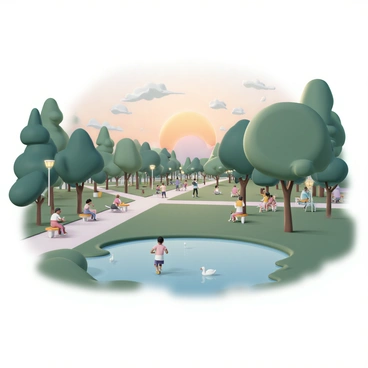 A city park filled with people during the day, featuring families having picnics on green grass, children playing on a playground, and joggers on a path. Benches are occupied with individuals reading books and couples chatting. As the sun begins to set, the scene transitions into a quieter evening, with soft orange and purple hues in the sky. The park’s lights start to glow, illuminating the pathways. A lone figure walks a dog along the path, while a few ducks swim in a serene pond surrounded by trees. The atmosphere shifts as the chatter fades, leaving a peaceful ambiance in the park.