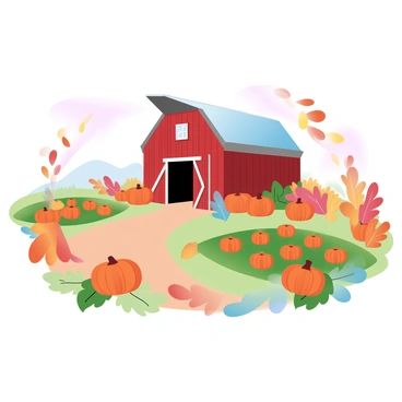 A red barn is situated in the center of the image, with its wooden structure contrasting against the vibrant landscape. Around the barn, there are many colorful autumn leaves in shades of orange, yellow, and red carpeting the ground. Several pumpkin patches are spread out in front of the barn, each patch filled with various sizes of pumpkins in bright orange hues. Some pumpkins are nestled among the green leaves, while others are placed neatly in rows. The scene is illuminated by soft sunlight, enhancing the rich colors of the autumn foliage and the pumpkins.