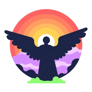 An angel is positioned prominently in the image, with wings extended backward. The silhouette of the angel is dark, creating a striking contrast against the background. A fiery sunset fills the scene, with vibrant hues of red and orange radiating outward from the sun's position. The sun itself is partially visible at the horizon, casting light that outlines the angel's wings. The sky around the angel is a gradient of colors, blending seamlessly from the intense sunset hues above to darker shades as it approaches the ground.