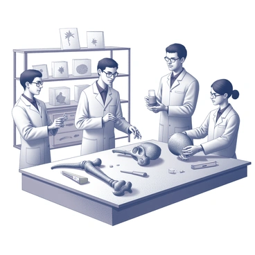 A group of scientists is gathered around a large table in a laboratory. They are focused on assembling dinosaur bones, carefully fitting each piece together to recreate a full skeleton. One scientist is holding a large femur bone, while another is examining a skull with a magnifying glass. Various tools are scattered across the table, including brushes for cleaning the bones and measuring tapes. In the background, shelves filled with fossil specimens and anatomy books provide context to the scene. The atmosphere conveys a sense of discovery and collaboration as they work diligently to bring the ancient creature back to life.