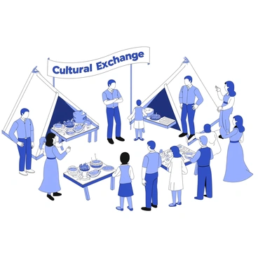 NATO personnel are engaging with local communities at a cultural exchange event. There are several NATO members wearing their uniforms, interacting with community members dressed in traditional clothing. Tents are set up in the background, displaying various cultural artifacts. Tables are filled with local crafts and foods, while children and adults alike participate in activities such as traditional dance and music. A banner with the words "Cultural Exchange" hangs prominently above the gathering. The atmosphere is lively and filled with conversations, showcasing a blend of diverse cultures.
