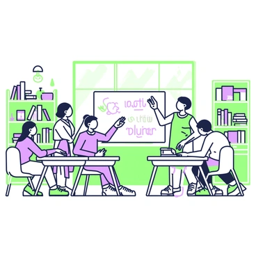 A classroom setting filled with students actively participating in an illustration quiz. In the center, a teacher stands at the front, pointing towards a large whiteboard displaying several drawing prompts, including "a cat" and "a tree." Students are seated at individual desks, focused on their papers as they sketch illustrations. One student is raising a hand, seeking clarification, while another student is leaning over to show their drawing to a peer. The room is equipped with bookshelves lining the walls, filled with various art supplies and reference books. Sunlight streams through the windows, illuminating the vibrant atmosphere of creativity and engagement.