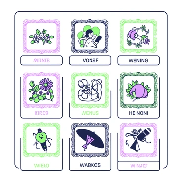 A display of vintage illustrations from past V&A Awards winners is arranged in a neat grid format. Each illustration showcases a unique design, with ornate borders framing the artwork. The subjects of the illustrations vary, including floral patterns, historical scenes, and whimsical characters. A label beneath each illustration indicates the title and the name of the winning artist. The background features a subtle texture that enhances the vintage feel of the collection. The overall arrangement invites viewers to explore the creative variety and craftsmanship of the award-winning pieces.