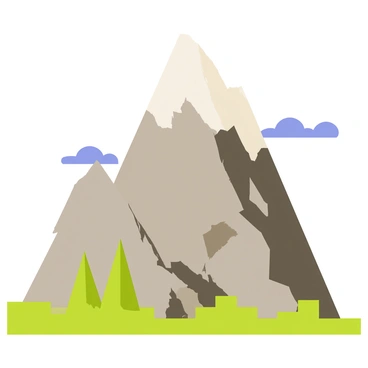 A towering mountain made of blocky, pixelated stone structures rises high in the sky. The peaks are sharply defined and have a variety of gray and brown shades. The summit is partially covered with a layer of white snow, creating a stark contrast against the rocky slopes below. Green patches of grass and clusters of blocky trees can be seen at the base of the mountain, adding to the vibrant landscape. A clear blue blocky sky completes the scene, emphasizing the height and majesty of the mountain.