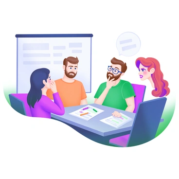 A scene depicting a group of four friends in a serious meeting room setting. Two friends, a man with short brown hair and a woman with long black hair, sit across from each other at a rectangular table, both trying to maintain serious expressions. The third friend, a man with glasses and a beard, is leaning back in his chair, one hand covering his mouth to suppress laughter. The fourth friend, a woman with curly red hair, glances sideways at him, her eyes sparkling with suppressed amusement. Papers and pens are scattered on the table, and a whiteboard in the background features handwritten notes visible to the viewer.