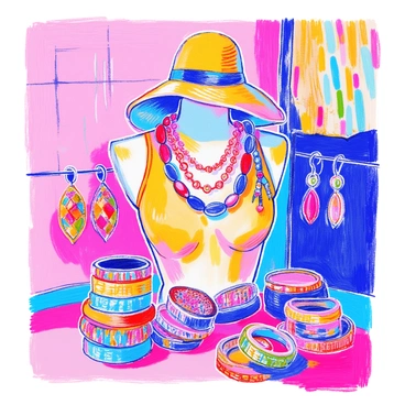 A mannequin is positioned in the center of the image, showcasing a collection of fashion accessories. The mannequin is adorned with a vibrant beaded necklace featuring a variety of colors like red, blue, and green. Next to the necklace, there are several pairs of bold earrings, each unique in design, with intricate patterns and bright hues. A wide-brimmed hat in a striking shade of yellow rests atop the mannequin's head, while a patterned scarf is elegantly draped around its neck. Surrounding the mannequin, a variety of bangles and bracelets in different colors and materials are displayed, some sparkling with gems and others made of woven fabric. The overall arrangement creates a lively, eye-catching presentation of fashion accessories.