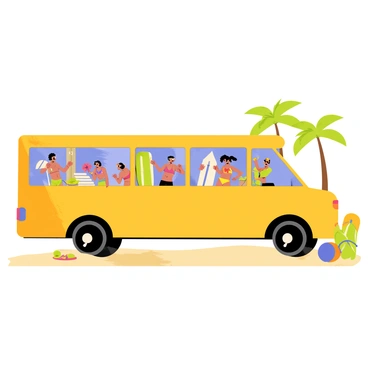 A yellow bus with large windows is filled with beachgoers wearing colorful swimsuits. The passengers are holding various beach gear, such as towels, umbrellas, and surfboards. Some have sunglasses on while others are applying sunscreen. The bus is parked near a sandy beach with clear blue skies above. Palm trees are visible in the background, swaying gently in the breeze. Bright beach balls and flip-flops are scattered around the bus, adding to the lively atmosphere.