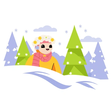 A winter scene featuring a snowy landscape with soft, white snow covering the ground. In the foreground, there is a figure adorned with a "flower crown made of frosty white flowers and snowflakes." The figure is wearing a warm, cozy outfit, with a scarf wrapped around their neck. Behind the figure, tall evergreen trees are dusted with snow, and in the background, gentle snowflakes are falling from a cloudy sky. The overall atmosphere reflects the crispness of a chilly winter day.