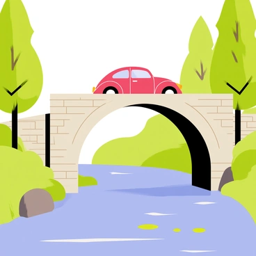 A bright red Beetle car is crossing an old stone bridge. The bridge features archways and weathered stones, illustrating its age. Below, a calm river flows gently, reflecting the blue sky above. Lush greenery lines the riverbanks, with tall trees providing shade. Small rocks and pebbles are scattered along the river's edge, while a few water lilies float on the surface of the water.
