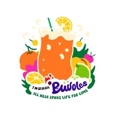 A vintage advertisement featuring a playful soft drink. The soft drink is displayed in a tall glass filled with ice and garnished with a slice of lemon. Bubbles are rising from the drink, adding a lively feel. The background is filled with colorful illustrations of fruits like oranges, cherries, and limes surrounding the glass. The retro font announces the brand name "Refreshing Bubbles" and includes a catchy slogan below. The overall composition is designed to evoke nostalgia with its vibrant colors and cheerful elements.