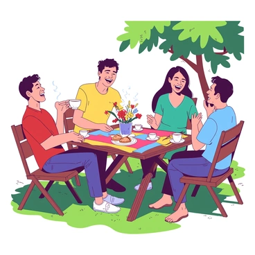 A group of friends sharing laughter over coffee in a sunny backyard