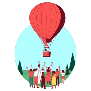 A red hot air balloon is ascending into the sky, its vibrant fabric catching the sunlight. The balloon is decorated with colorful patterns and features a large basket hanging below it. Below, a group of people stands on a grassy field, waving their hands in farewell. Their faces show a mix of excitement and sadness as they watch the balloon rise higher. The background includes scattered trees and a clear blue sky, enhancing the sense of upward movement.