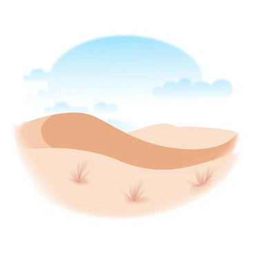 Gentle sand dunes rise and fall under a "clear blue sky." The dunes are smooth and softly illuminated, showcasing the natural curves of the landscape. Tufts of "sea grass" are scattered across the dunes, swaying gently in the breeze. The vibrant colors of the sand contrast beautifully with the bright blue of the sky above, creating a tranquil scene.