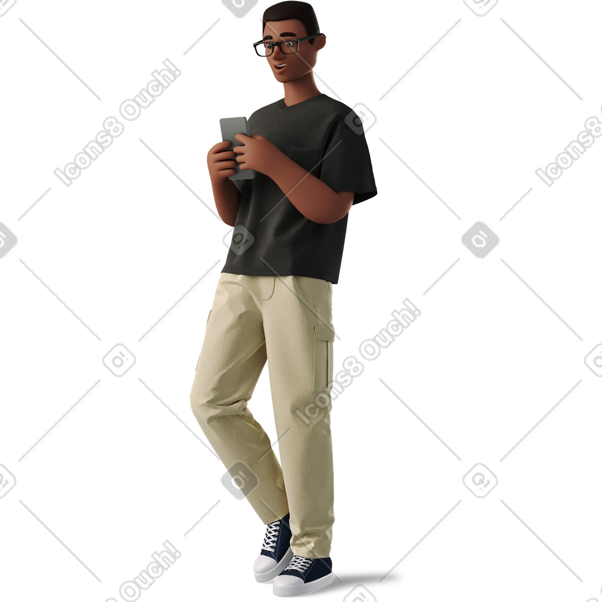 Black man in glasses standing typing on a phone illustration vector clipart graphics
