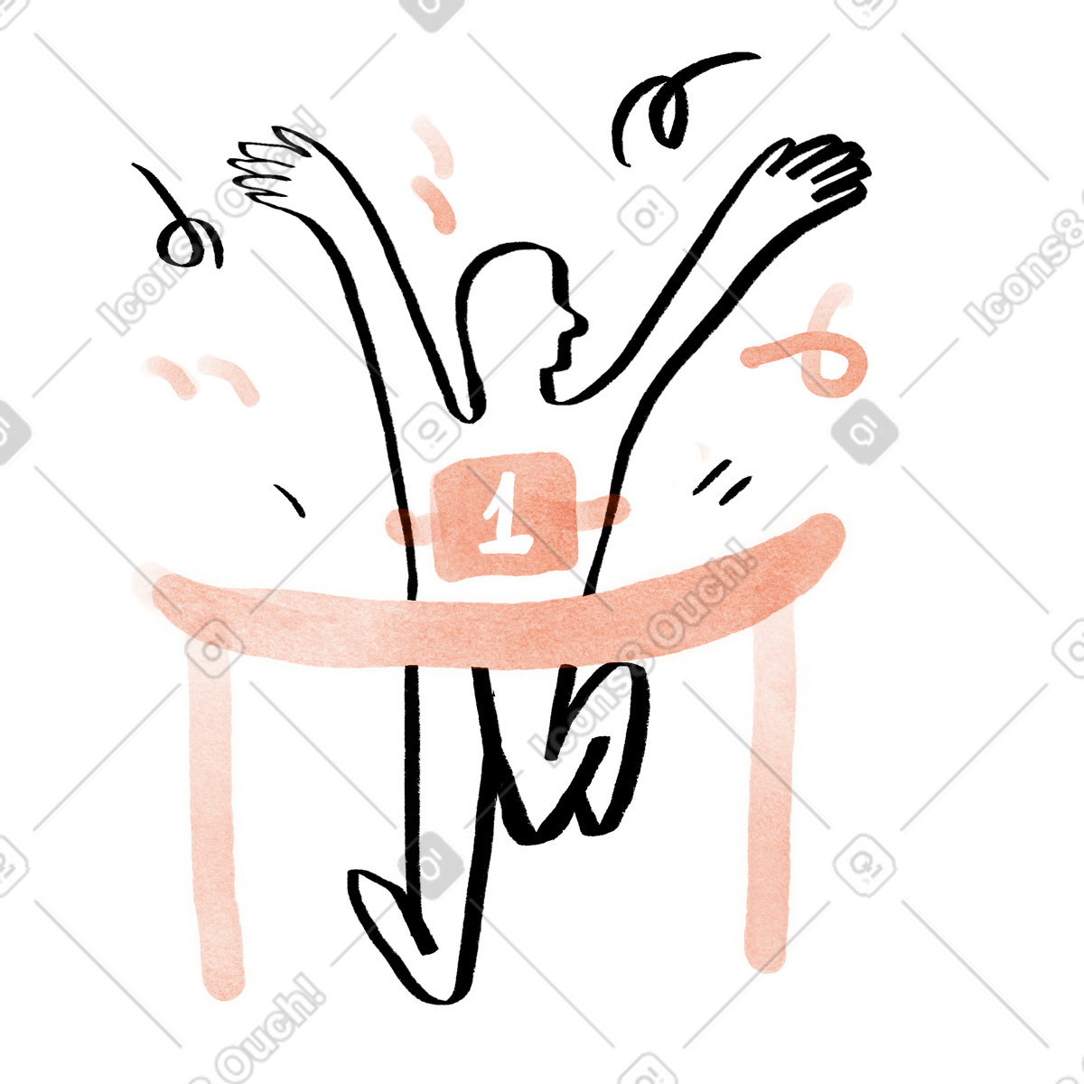 Runner crossing finish line with confetti, Success and achievement celebration illustration in Hand-drawn animation style download in PNG, SVG