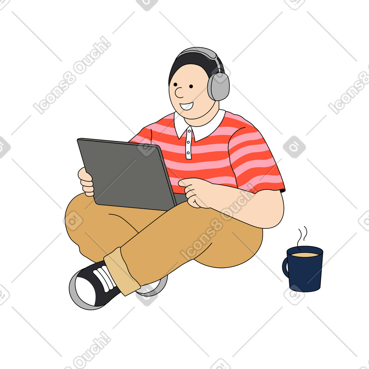 Sitting with laptop and headphones, Remote work or online study illustration in Kindy style download in PNG, SVG