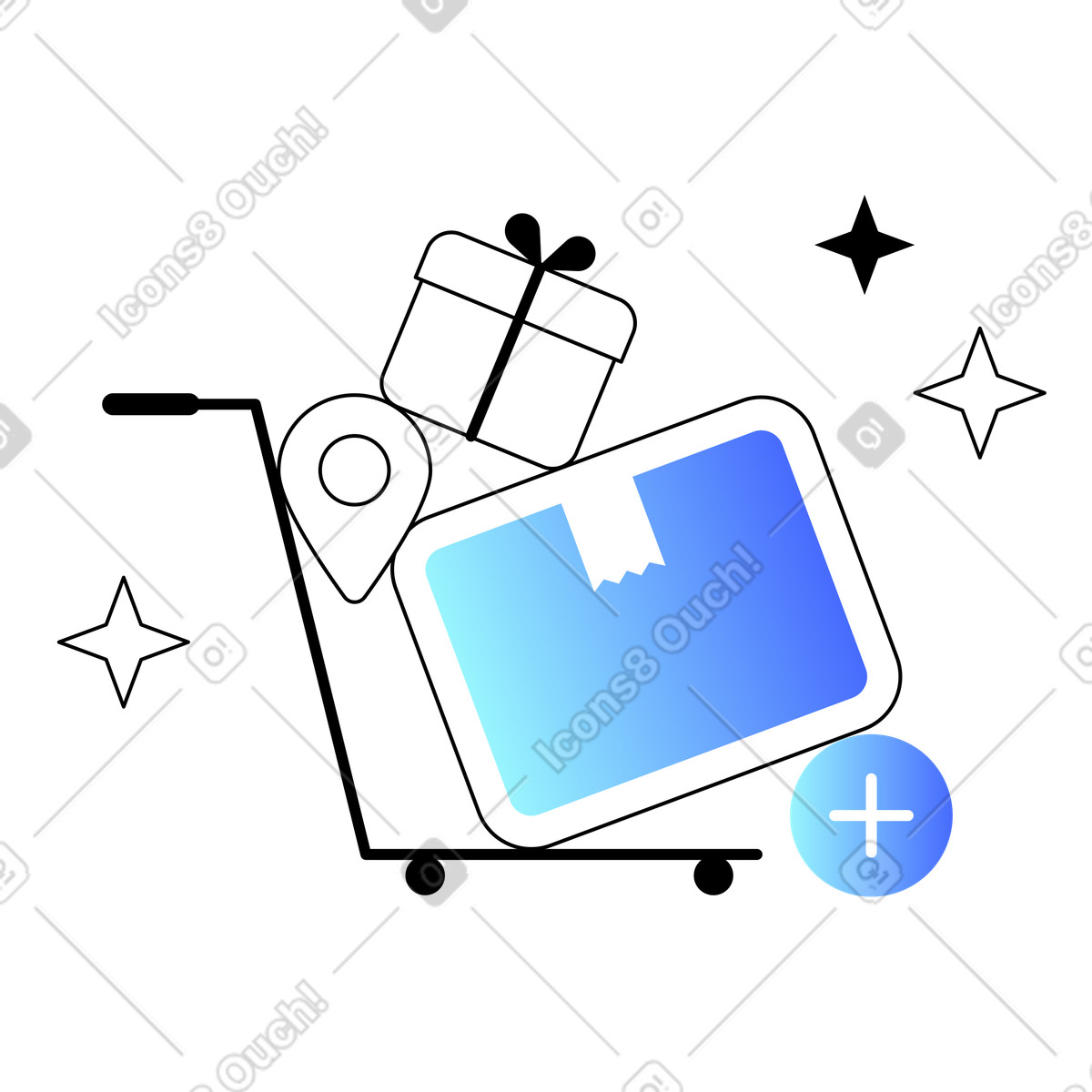 下载 Azure 风格的 Trolley with package, gift and location pin, Online shopping delivery 插画，支持 PNG、SVG 格式