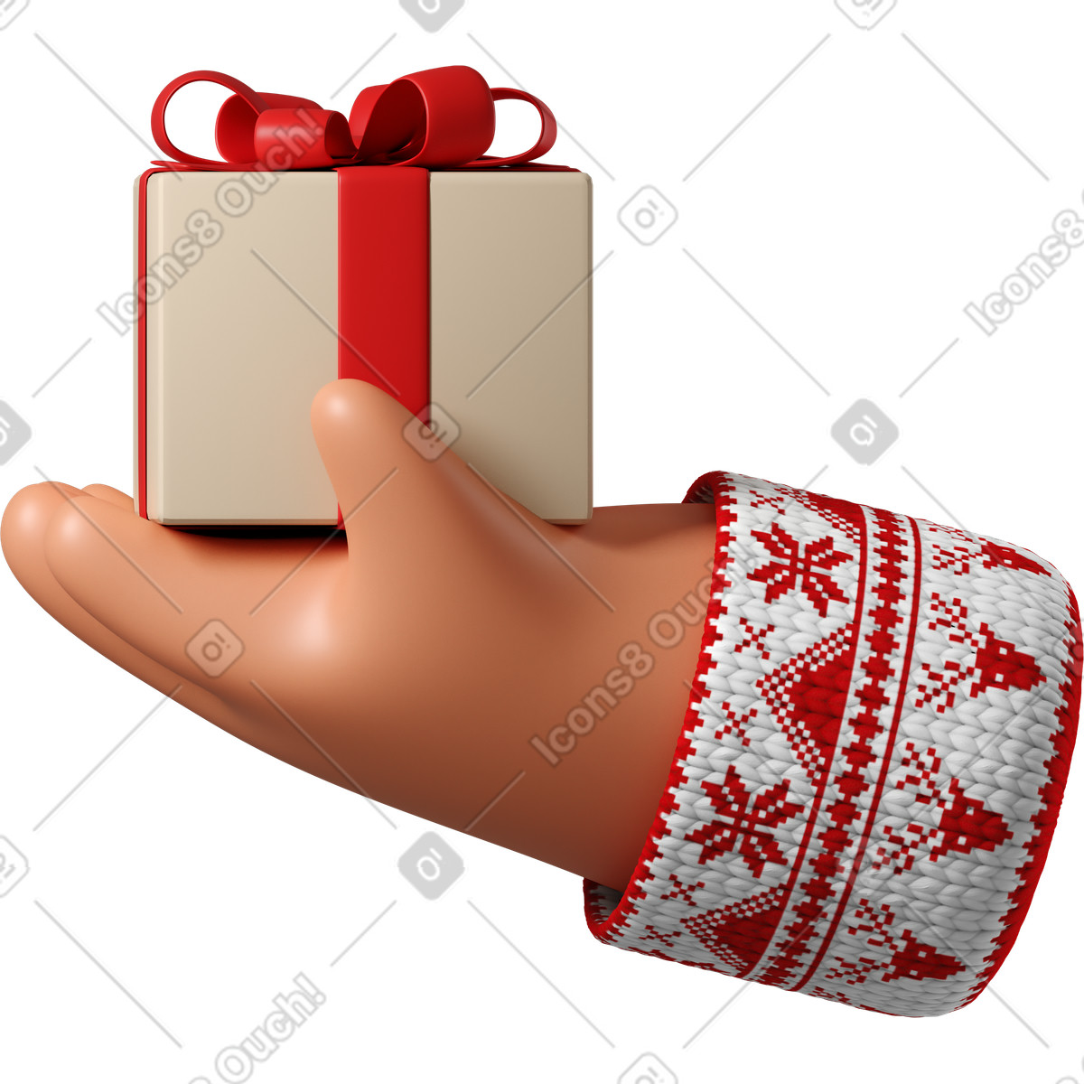Illustration Main en peau bronzée pull blanc avec motif de noël tenant une boîte cadeau dans le style 3D Hands Fun&Wild à télécharger aux formats PNG, SVG