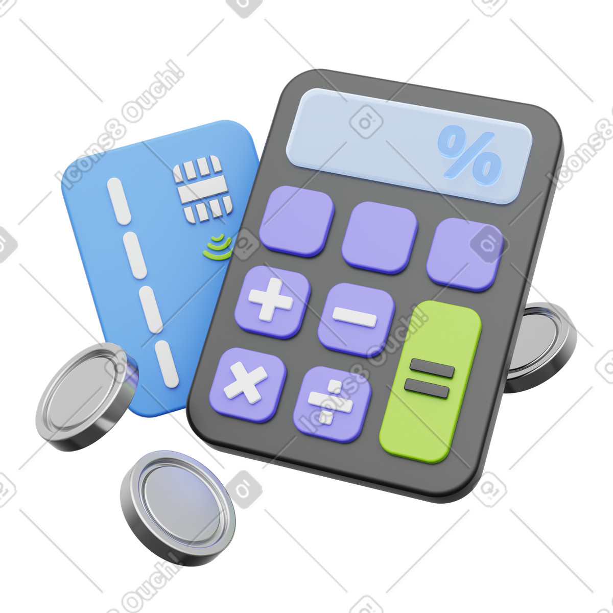 Calculator with credit card and coins, Payment calculation, Financial planning illustration in 3D Playful style download in PNG, SVG
