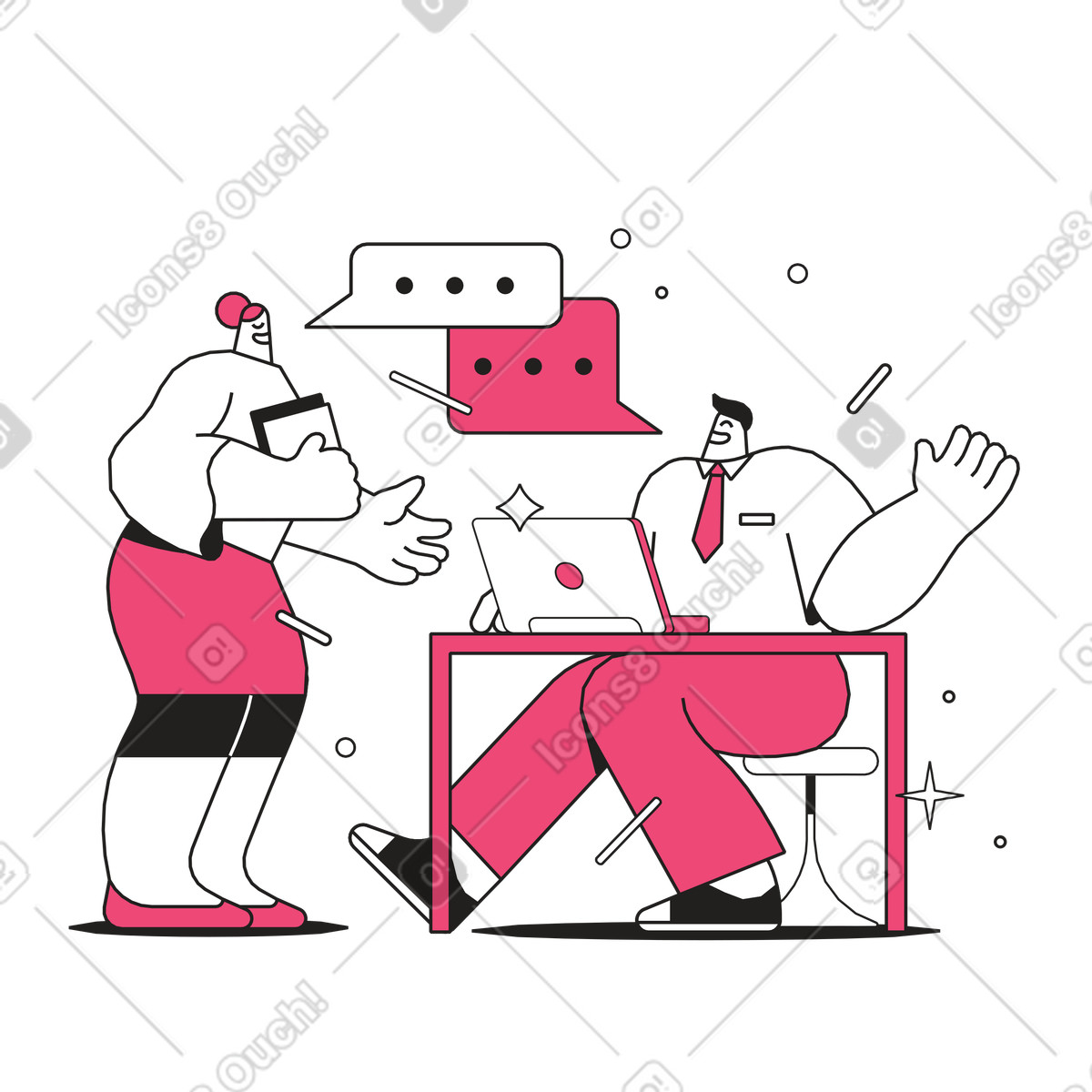 下载 Dazzle Line 风格的 Colleagues sharing ideas in the workplace, Office communication and coordination 插画，支持 PNG、SVG 格式