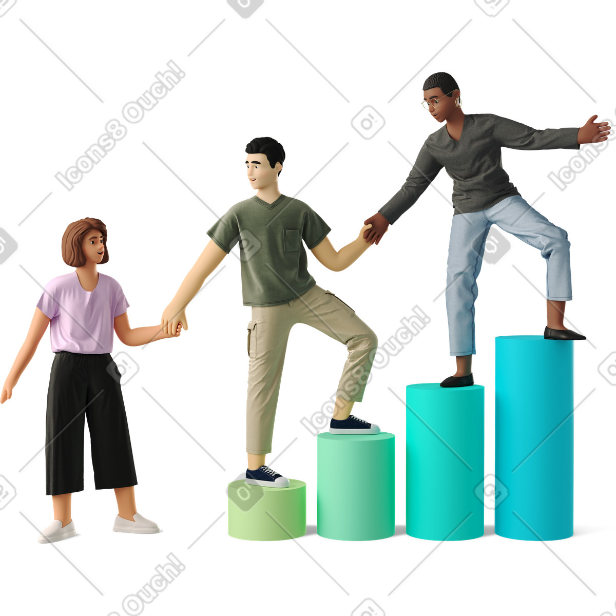 People walking on a bar chart, Collaboration and business growth illustration in 3D style download in PNG, SVG