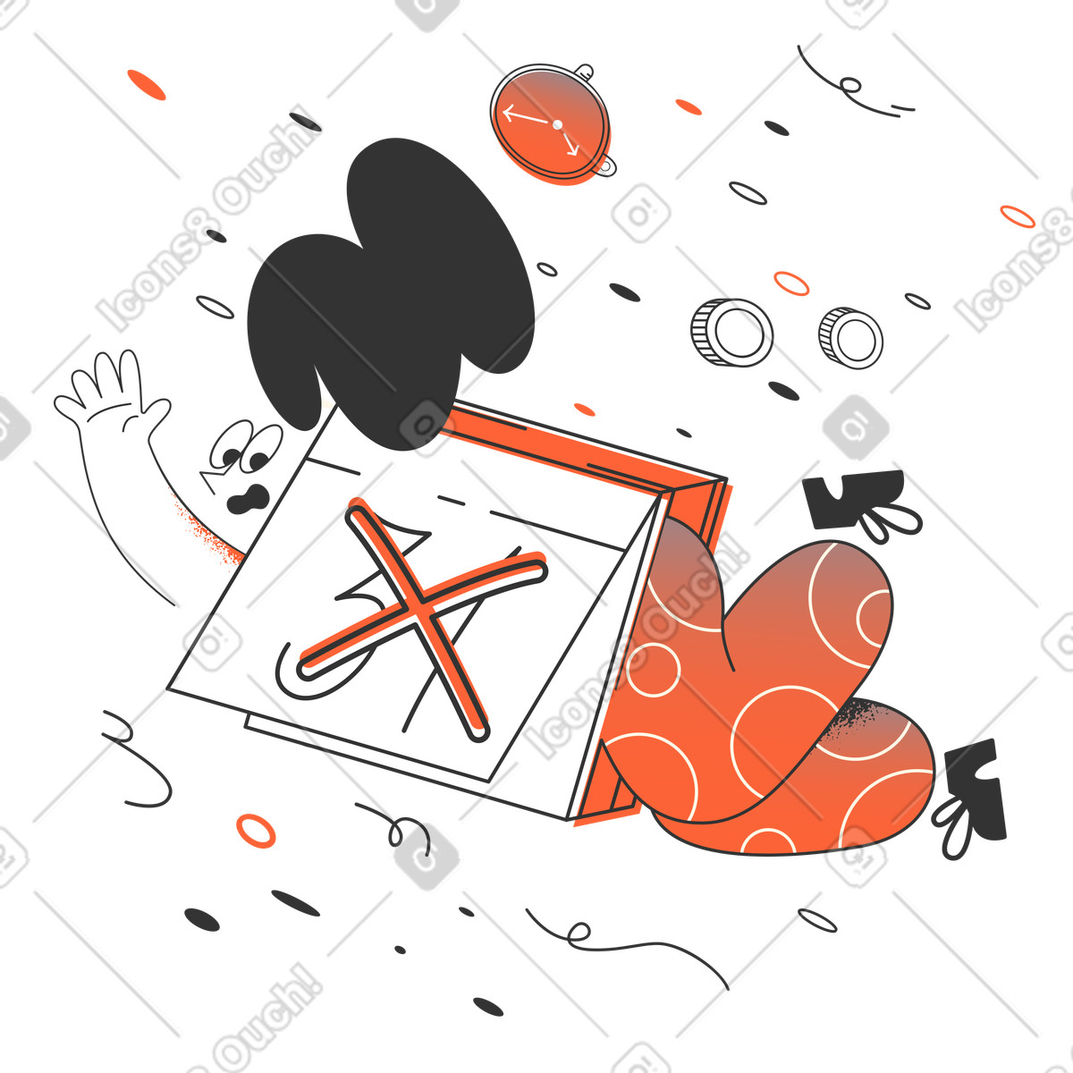 Frau steckt in einem kalender mit frist fest-Illustration im Crayon-Stil als Download PNG, SVG