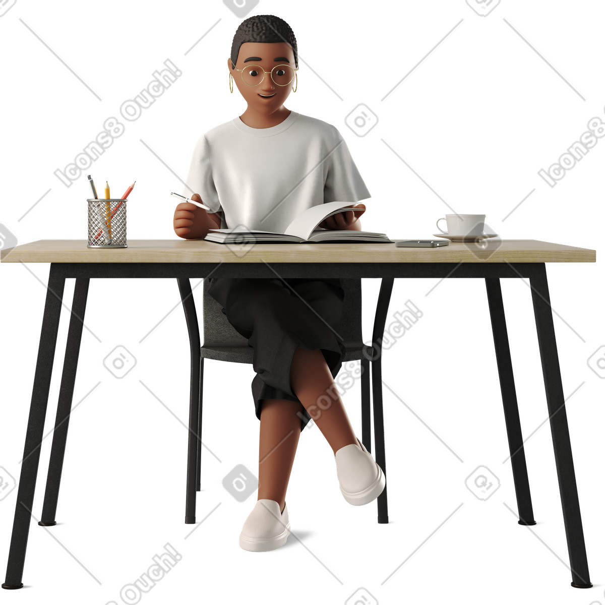 下载 3D Business 风格的 Young woman working with a book at her desk 插画，支持 PNG、SVG 格式
