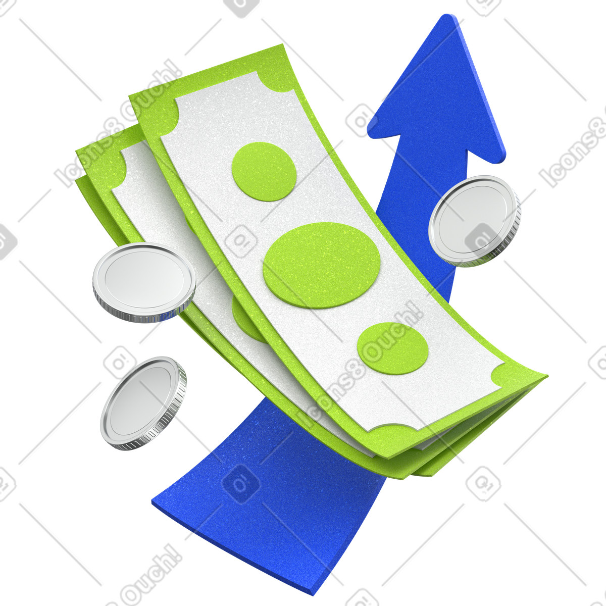 Banknotes with coins and arrow illustration in PNG, SVG