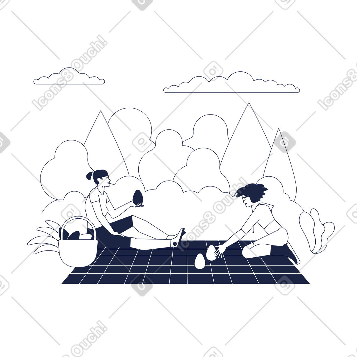 Illustration Femmes avec des œufs de pâques en pique-nique dans le style Urban Line à télécharger aux formats PNG, SVG