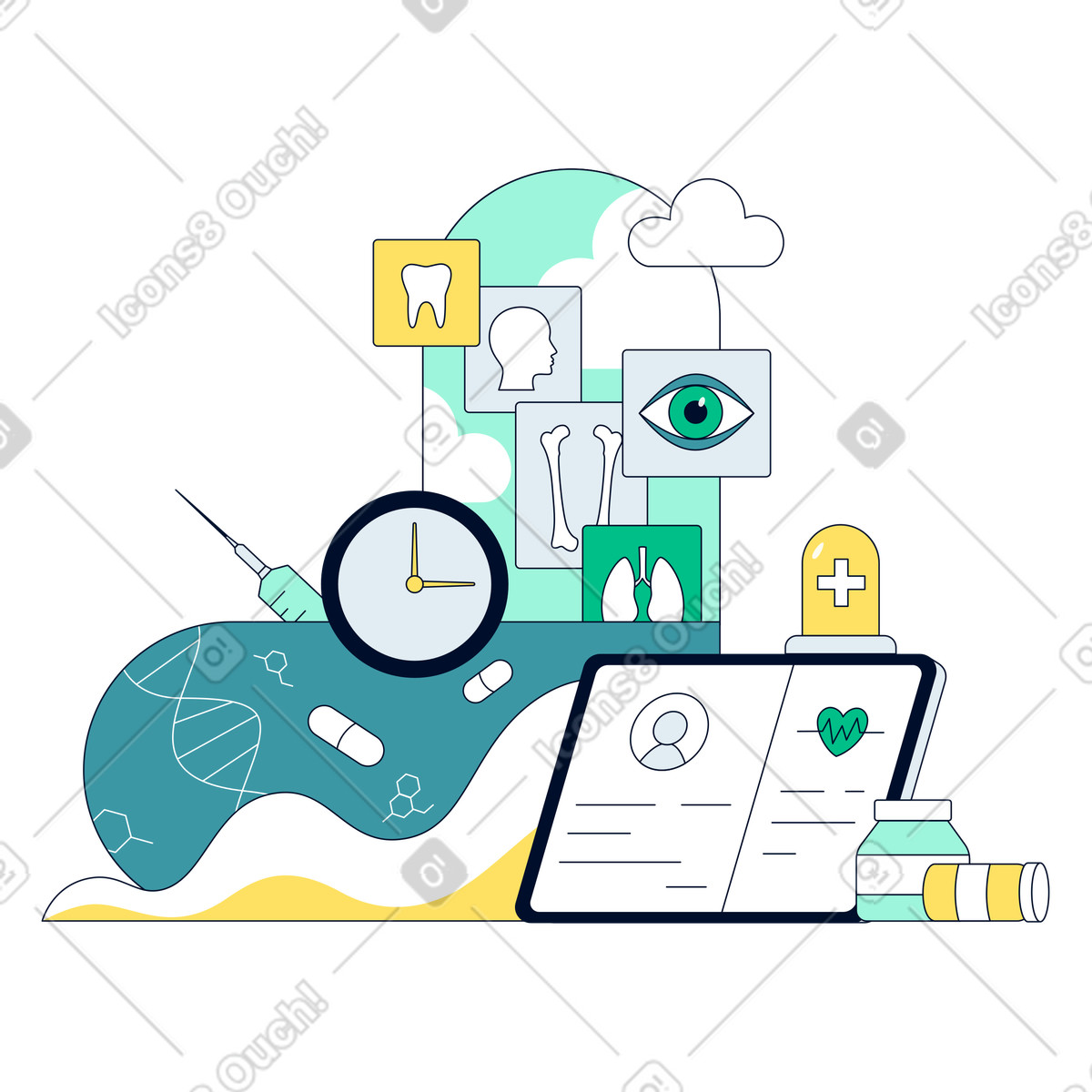 Multi-specialty healthcare, Medical diagnostics and management illustration in Teal style download in PNG, SVG