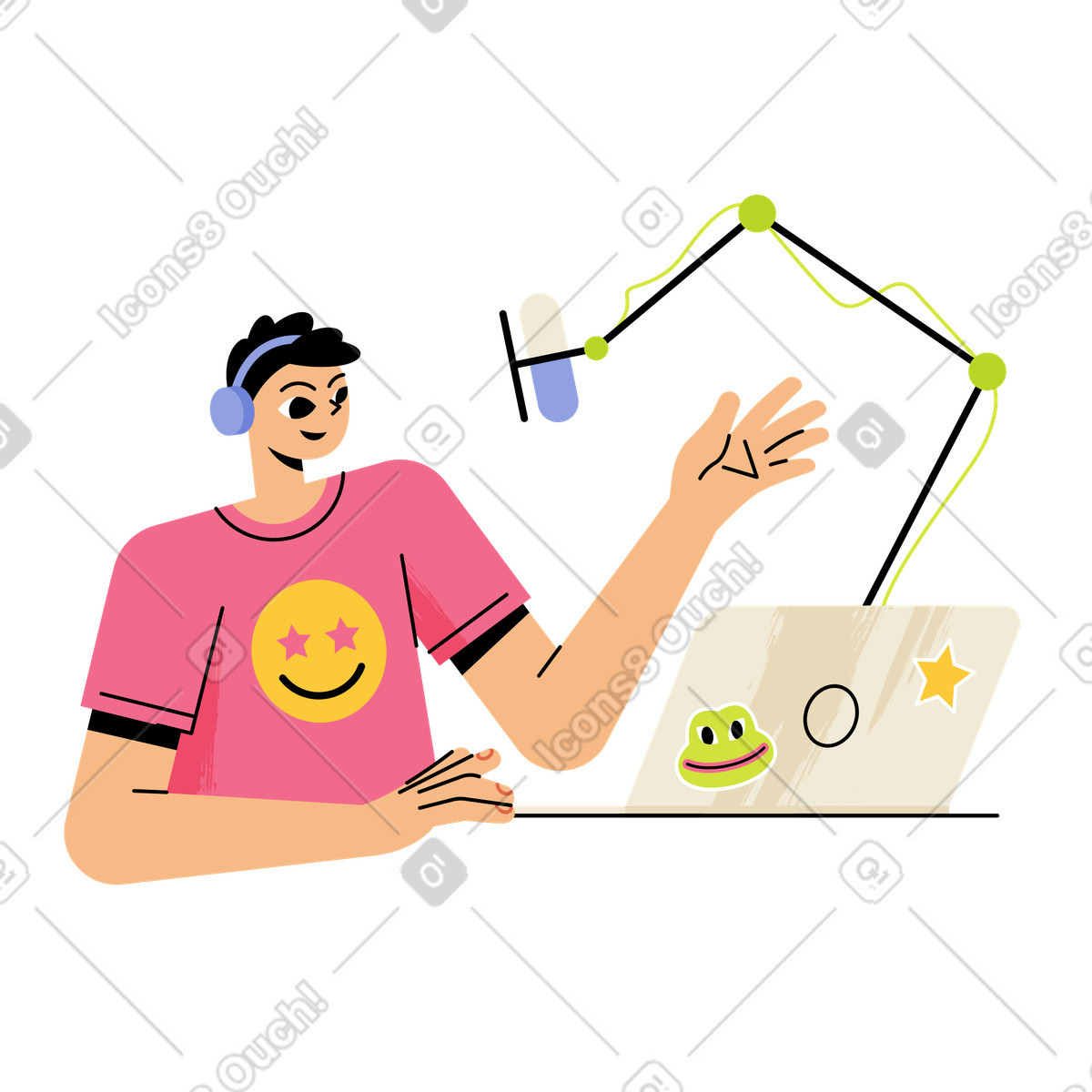 Ilustração de Homem gravando um episódio de podcast em PNG e SVG