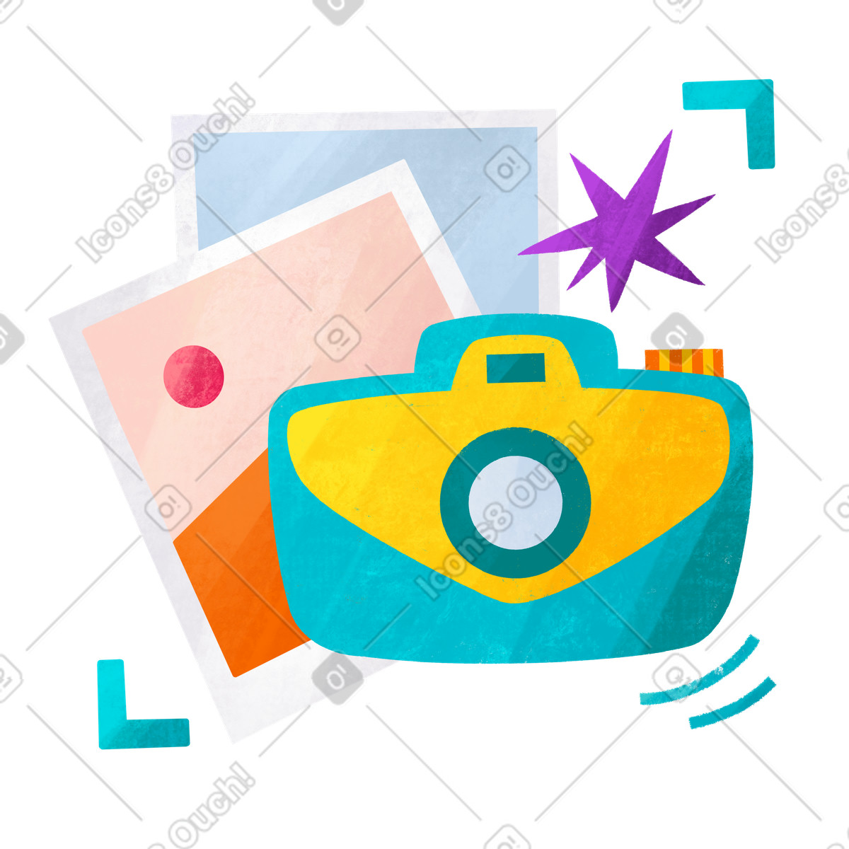 Blue camera and two photo cards illustration in Bonbon style download in PNG, SVG
