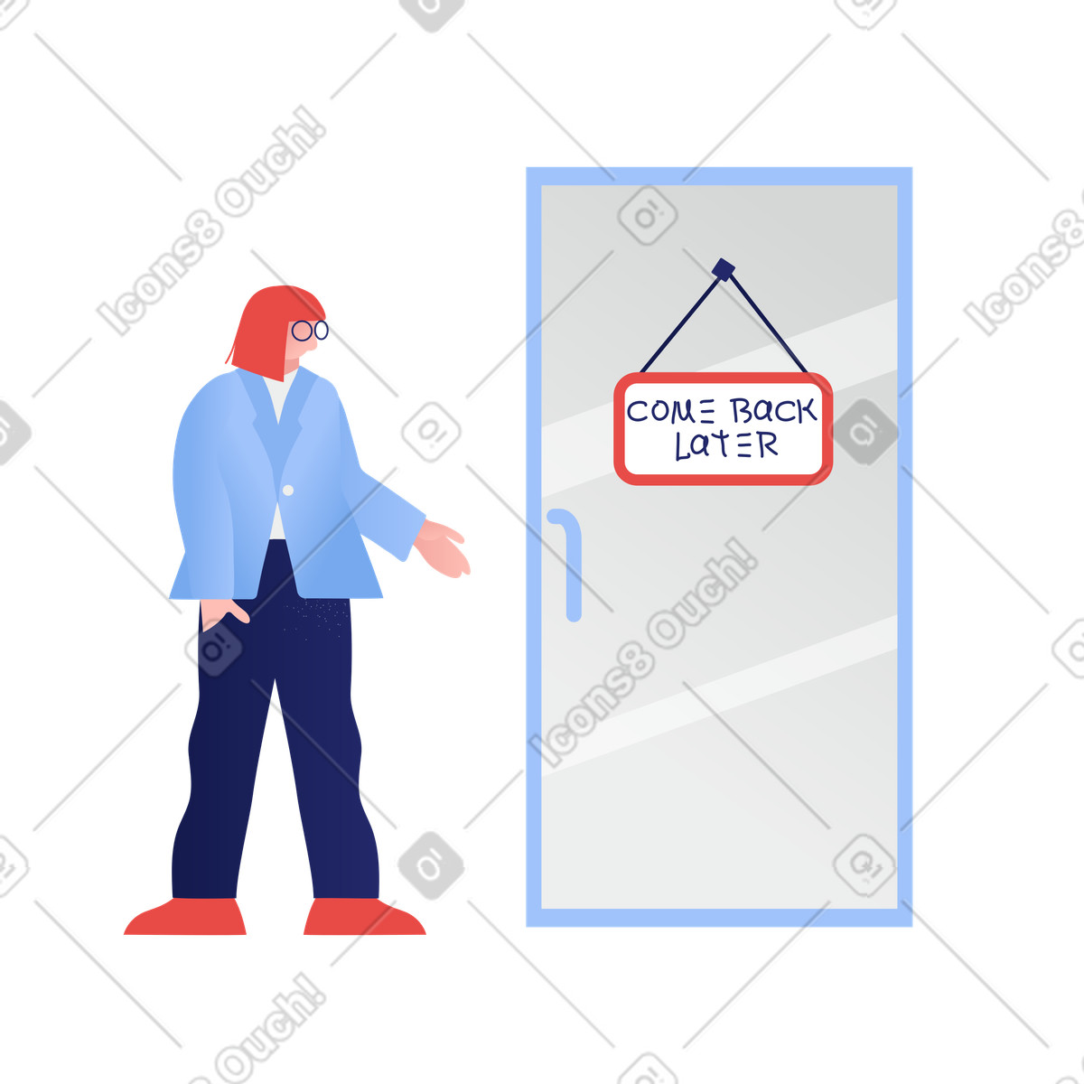 Ilustración Waiting at closed door with come back later sign, Temporarily unavailable or out of office concept en estilo Clip a descargar en PNG y SVG