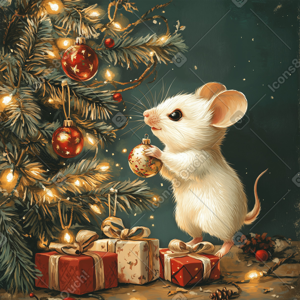 Postcards スタイルの クリスマスツリーを飾る白いネズミ のイラストをPNG、SVG形式でダウンロード