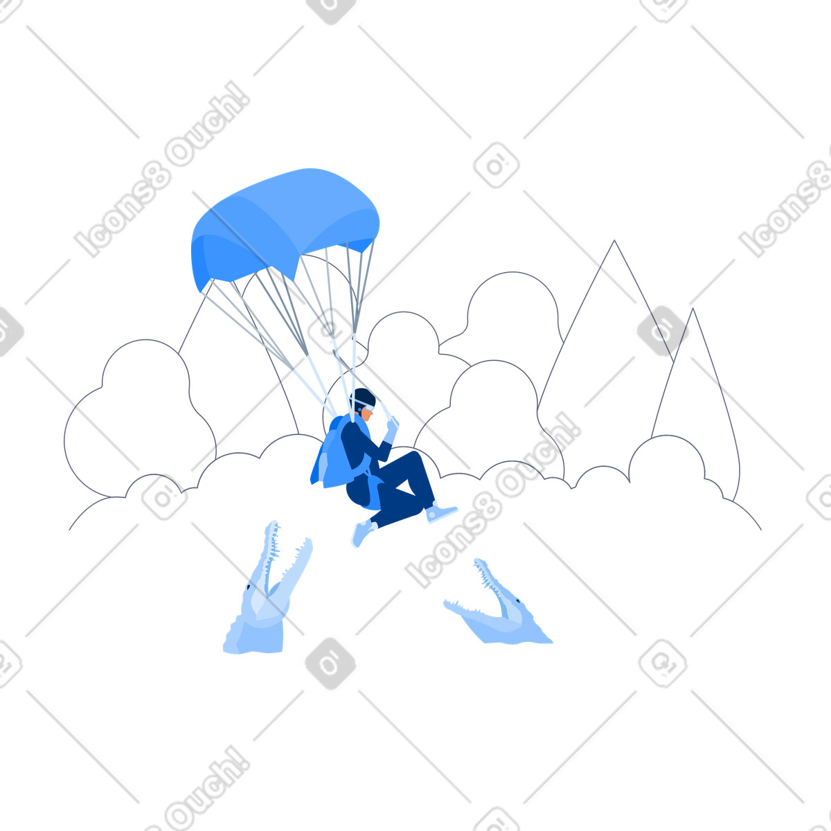 Outdoor adventurer parachuting into danger, Unexpected error or failure concept illustration in Urban style download in PNG, SVG